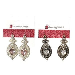 Charming Charlie Filigree Heart Rhinestone Earrings Set of 2 Silver/Brass